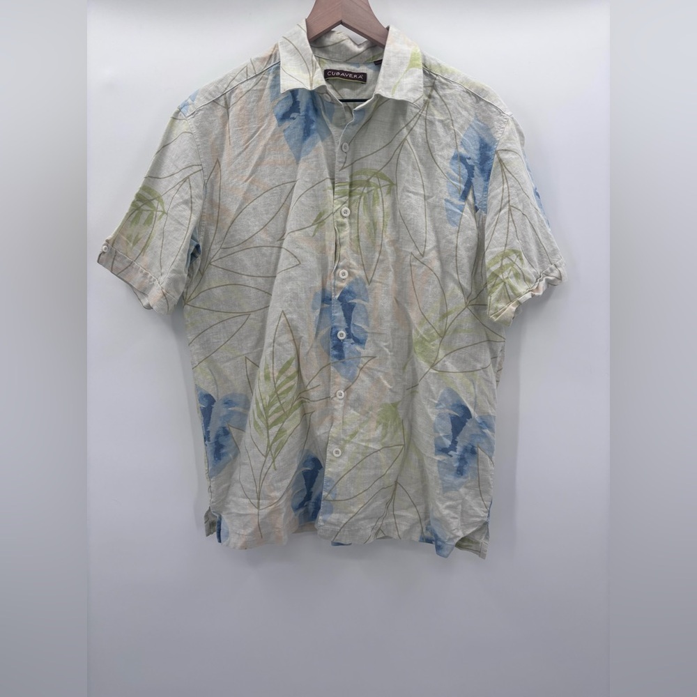 Cubavera Men's 100% Linen Floral Leaf Print Shirt - Blue and Green Size Large